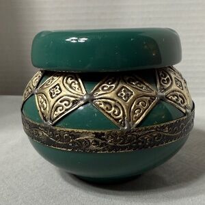 Vintage Moroccan Table Green and Gold Decorative Ashtray Ceramic Metal Trim